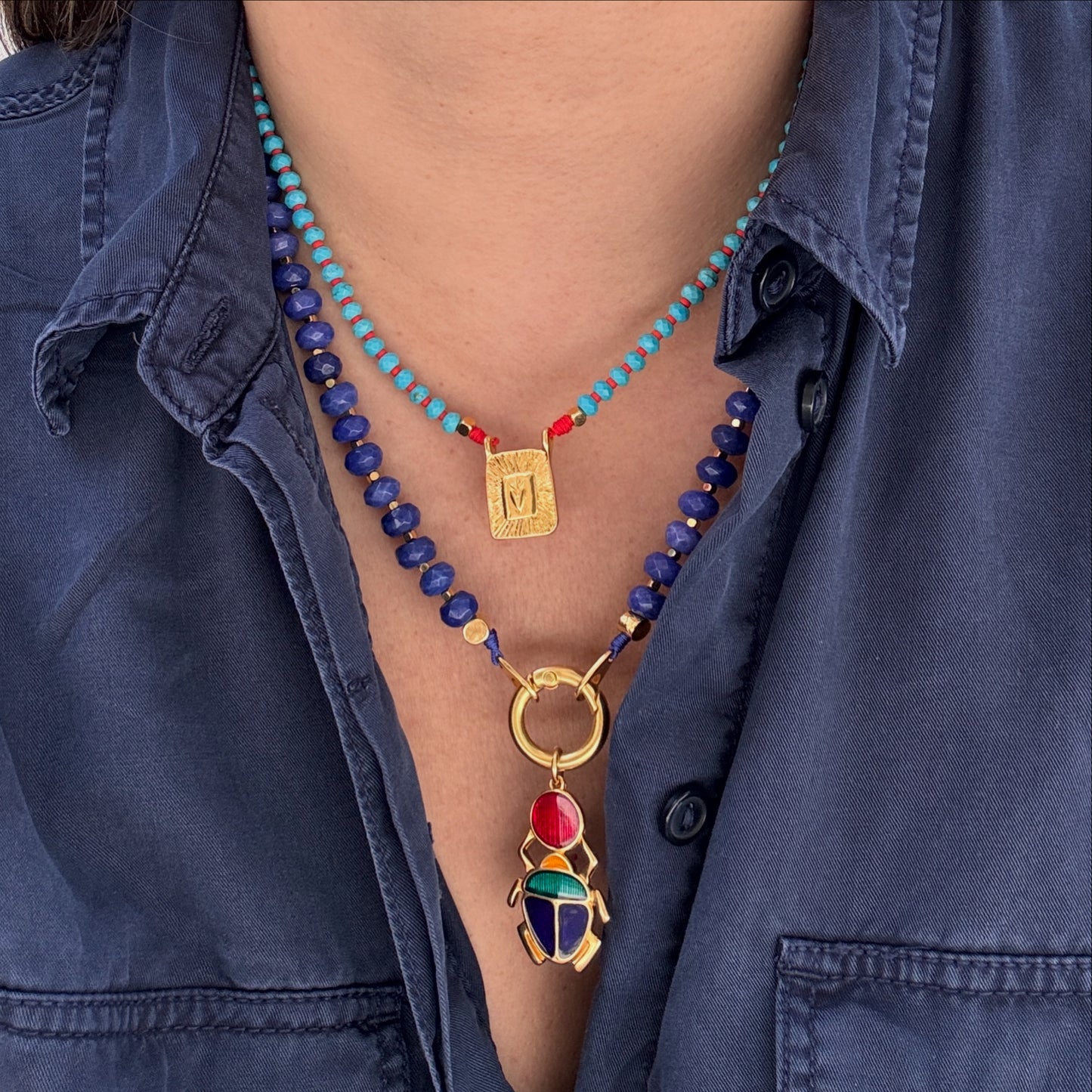 SACRED HEART mineral bead necklace with gold pated pendant
