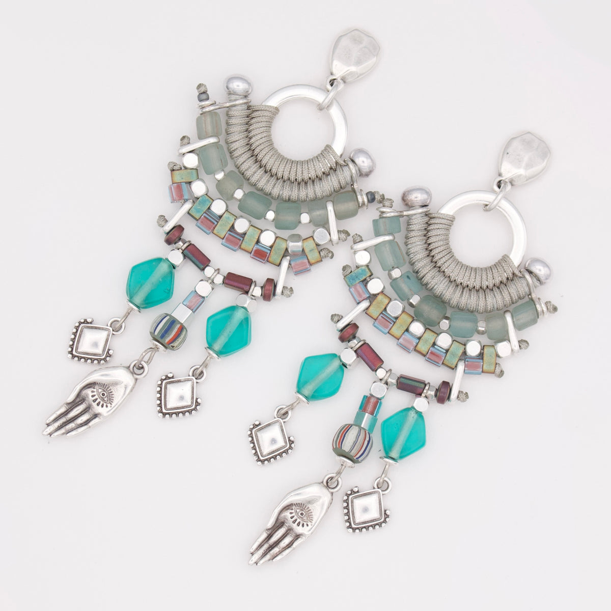 SUGAMUXI Turquoise and Grey Statement Earrings with Hamsa Hand Charm