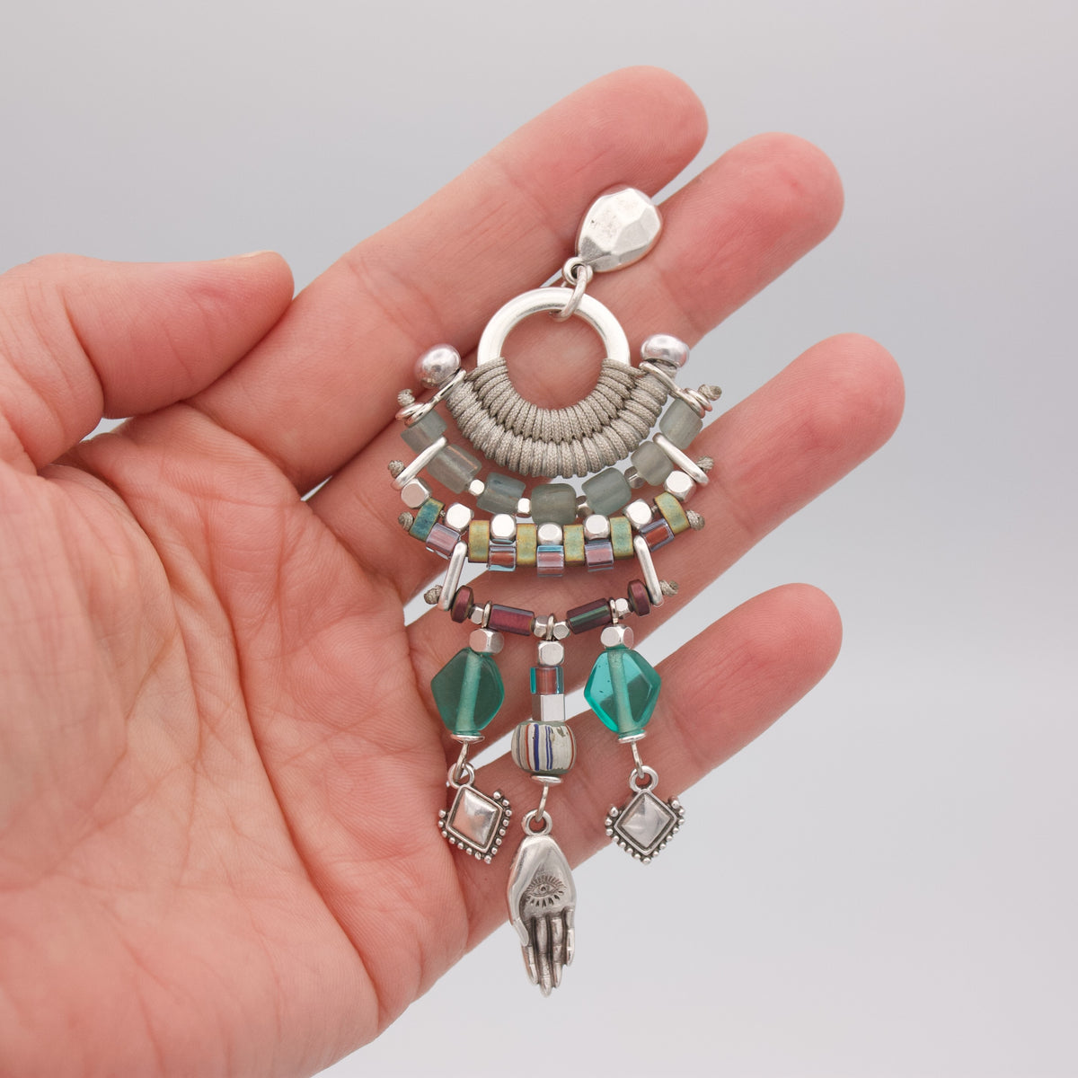 SUGAMUXI Turquoise and Grey Statement Earrings with Hamsa Hand Charm