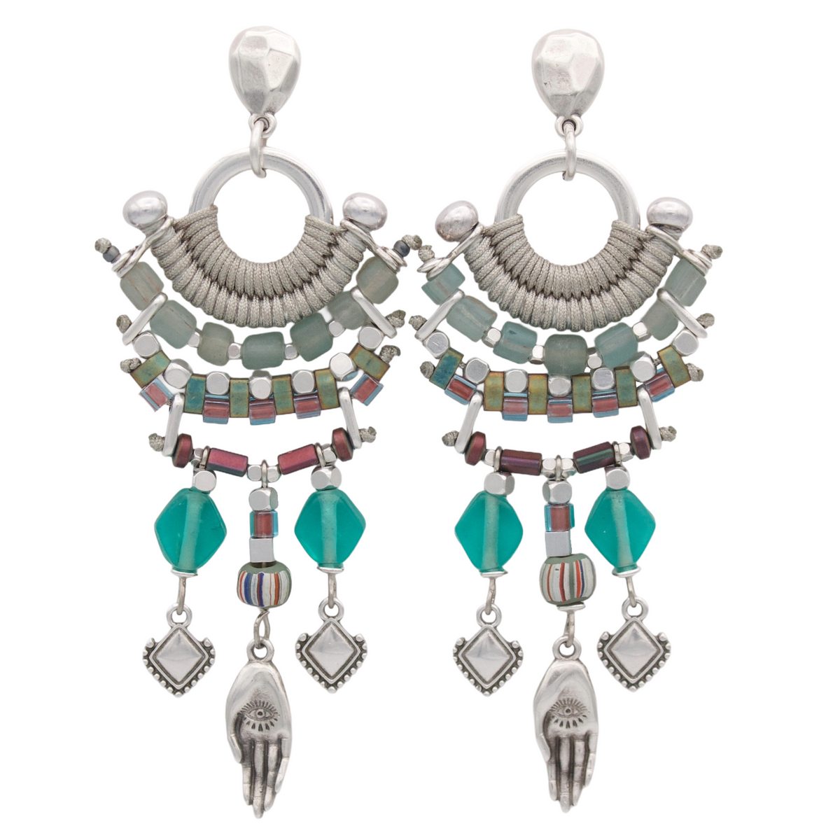 SUGAMUXI Turquoise and Grey Statement Earrings with Hamsa Hand Charm