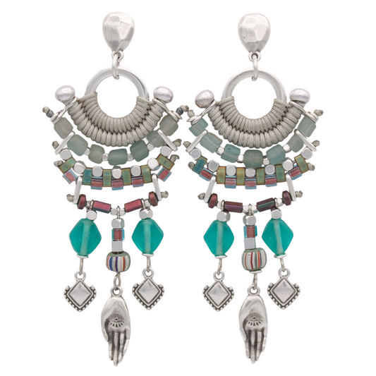 SUGAMUXI Turquoise and Grey Statement Earrings with Hamsa Hand Charm