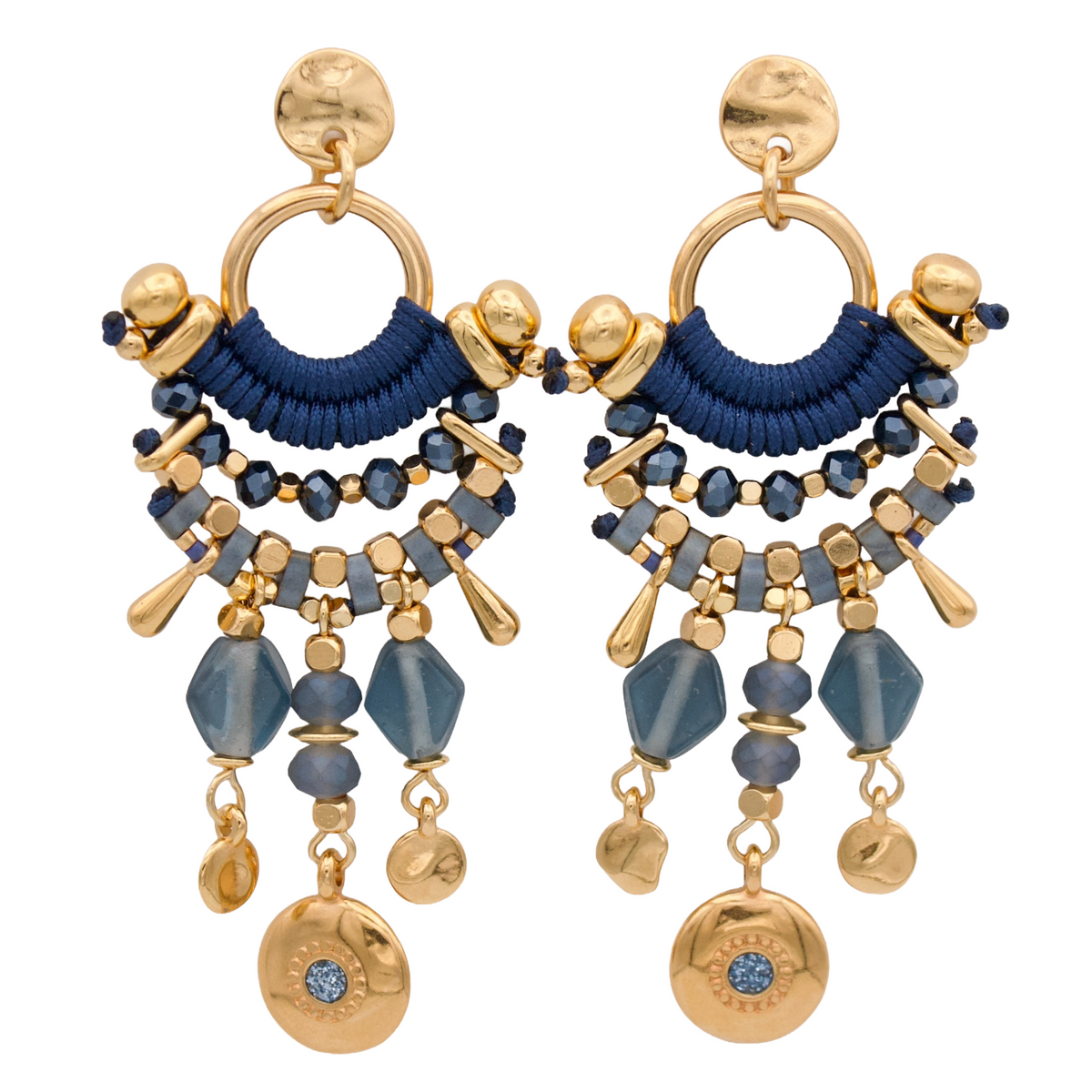 UKUMARI Blue and Gold Statement Earrings with Evil Eye Charm