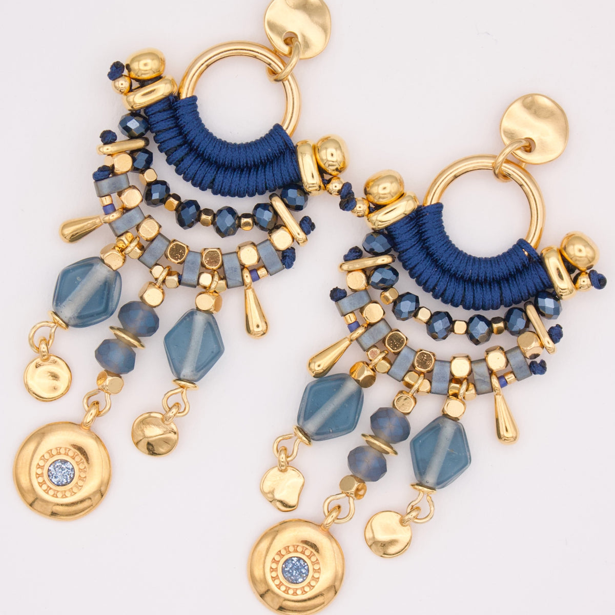 UKUMARI Blue and Gold Statement Earrings with Evil Eye Charm