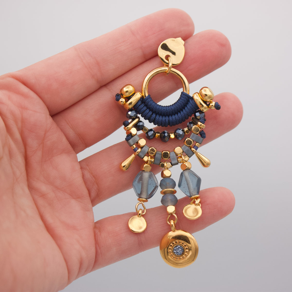 UKUMARI Blue and Gold Statement Earrings with Evil Eye Charm